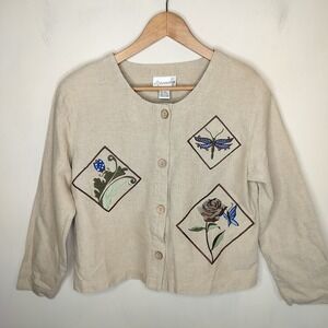 Gantos Linen Button Up Shirt Floral Embroidered Nature